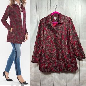 Chicos Floral Jacquard Front Pockets Red/Gray  Long Blazer Swing Coat Jacket